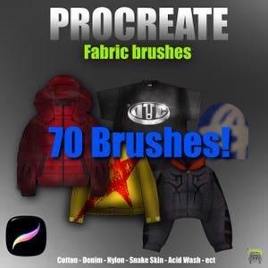 May include: A digital collection of 70 Procreate fabric brushes featuring illustrations of a red puffer jacket, a black t-shirt with a silver logo, a yellow jacket with a red star, a dark textured hoodie, and a blue beanie with text.