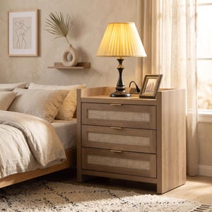 May include: A light wood nightstand with three drawers featuring woven cane panels and thin gold-toned horizontal handles. A table lamp with a pleated beige shade sits on top, alongside a small framed picture and a black power cord.