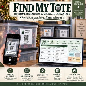 May include: A digital download for a QR home inventory and storage organizer system. The image displays a smartphone scanning a QR code on a storage bin label, a laptop showing a master inventory spreadsheet, and labels with icons and QR codes.