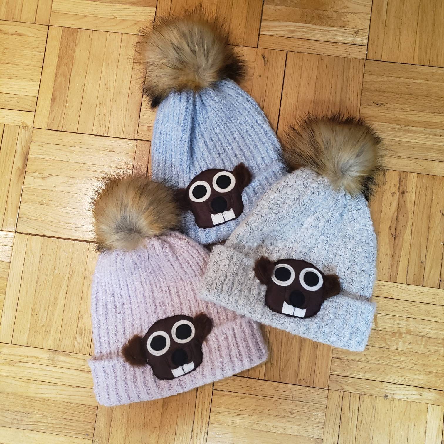 Groundhog hat with natural faux fur pom. OSFM. Felt and fur Etsy