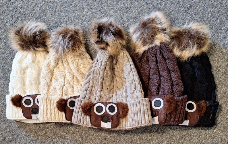 Knit pom beanie with felt and faux fur groundhog face image 1