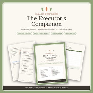 Pode incluir: Um organizador de sucessões digital intitulado The Executor's Companion, apresentando um guia passo a passo, listas de verificação e rastreadores. O documento inclui seções para sucessões, ativos, dívidas e beneficiários em um layout limpo.