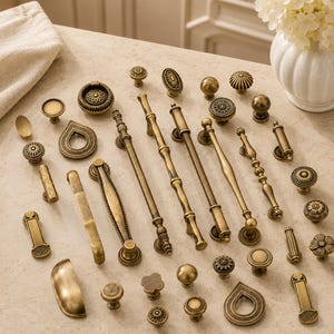 May include: A collection of antique brass cabinet hardware including various drawer pulls, long bar handles, and round knobs. The assortment features diverse shapes such as circular, teardrop, and linear designs with intricate embossed detailing.