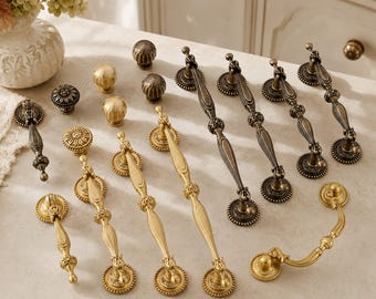Solid Brass French Vintage Cabinet Pulls, Ornate Drawer Handles, Antique Gold Knobs