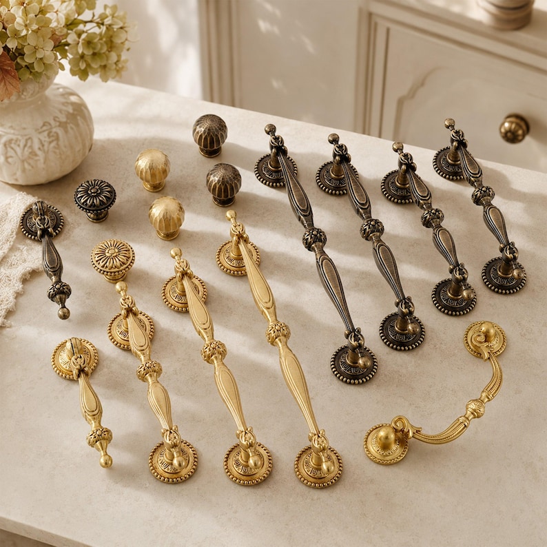 May include: A collection of metal cabinet hardware including various drawer pulls and knobs in brushed gold and antique bronze finishes. The set features elongated handles with ornate detailing, circular base plates, and round textured knobs.