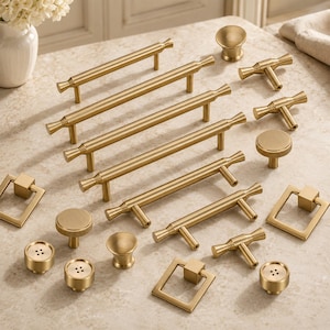 Solid Brass Cabinet Knobs and Drawer Pulls, Minimalist Gold Hardware for Kitchen Cabinets, Dressers, Wardrobes