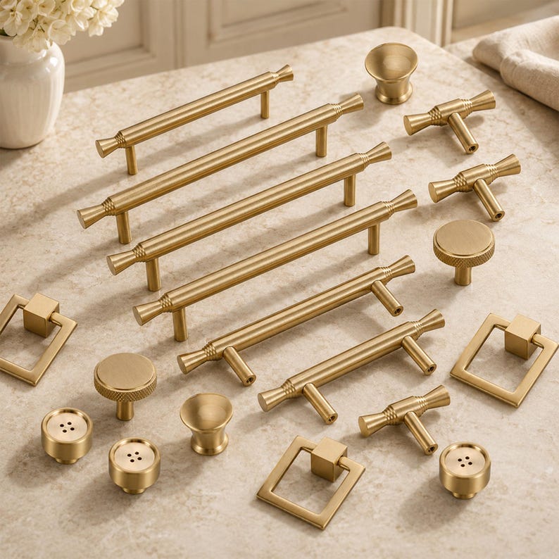 May include: A collection of brushed gold cabinet hardware including various sizes of bar pulls, T-bar knobs, round knobs with textured edges, square ring pulls, and small round knobs with four small holes on the top surface, all in a metallic finish.