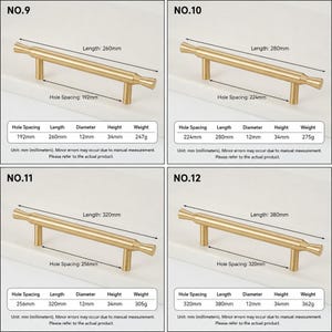 May include: Four gold-toned metal cabinet pulls labeled No. 9, 10, 11, and 12. Each handle features a cylindrical bar with flared ends and two mounting posts. Technical charts display lengths from 260mm to 380mm and hole spacings from 192mm to 320mm.