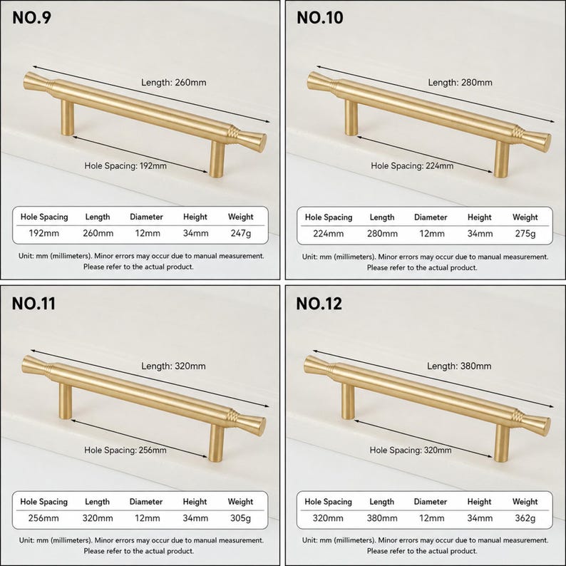 May include: Four gold-toned metal cabinet pulls labeled No. 9, 10, 11, and 12. Each handle features a cylindrical bar with flared ends and two mounting posts. Technical charts display lengths from 260mm to 380mm and hole spacings from 192mm to 320mm.