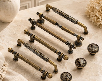 Antique Brass Cabinet Pulls and Knobs, French Vintage Drawer Handles, Rustic Dresser Wardrobe Hardware