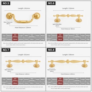 May include: Four gold-colored copper drawer pulls labeled NO.5, NO.6, NO.7, and NO.8. Each pull features detailed technical specifications including length, hole distance, and base diameter in millimeters, alongside tables detailing weight and dimensions.