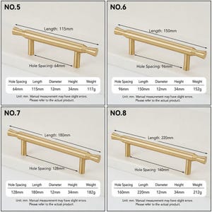 May include: Four gold-toned metal cabinet pulls labeled No. 5, 6, 7, and 8. Each pull features a cylindrical bar with flared ends and two mounting posts. Tables below each pull provide specifications for hole spacing, length, diameter, height, and weight in millimeters and grams.