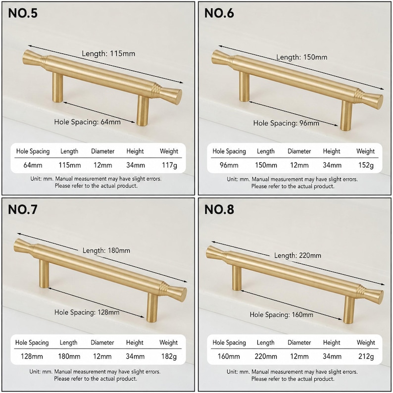 May include: Four gold-toned metal cabinet pulls labeled No. 5, 6, 7, and 8. Each pull features a cylindrical bar with flared ends and two mounting posts. Tables below each pull provide specifications for hole spacing, length, diameter, height, and weight in millimeters and grams.