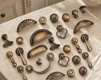 Antique Brass Cabinet Knobs Drawer Pulls, French Vintage Shell Hardware, Retro Furniture Handles