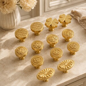 Solid Brass Floral Cabinet Knobs, French Vintage Drawer Pulls, Round Engraved Dresser Knobs, Decorative Gold Cabinet Hardware