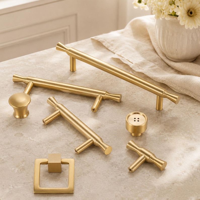 May include: A collection of brushed gold cabinet hardware including several bar pulls of varying lengths, a square ring pull, a round knob with four small holes, and a T-shaped knob. Each piece features a smooth, matte metallic finish.