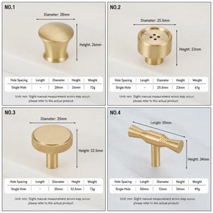 Solid Brass Cabinet Knobs Drawer Pulls, Italian Minimalist Brushed Gold Hardware image 4