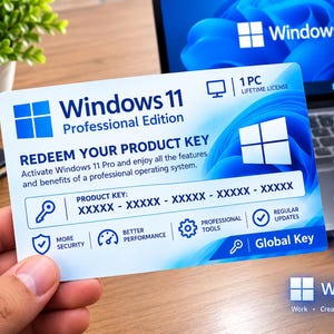May include: A white rectangular Windows 11 Professional Edition product key card featuring blue branding, a key icon, and placeholder text for a 25-character code. The card highlights features like lifetime license, security, and performance.