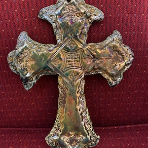 Ceramic Raku fired cross 10” tall 7 1/2 “ wide