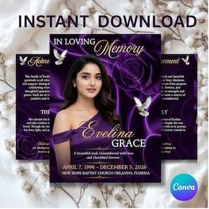 Pode incluir: Um modelo de programa funerário com fundo roxo, uma rosa grande, duas pombas brancas e o retrato de uma pessoa. O texto inclui IN LOVING MEMORY, Evelina GRACE, April 7, 1996 - December 5, 2026, e New Hope Baptist Church Orlando, Florida.