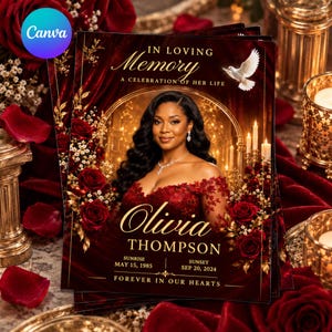 May include: A funeral programme card featuring a portrait of a woman in a red dress, surrounded by red roses and gold accents. Text reads: IN LOVING MEMORY, A CELEBRATION OF HER LIFE, Olivia THOMPSON, SUNRISE MAY 15, 1985, SUNSET SEP 20, 2024, FOREVER IN OUR HEARTS.