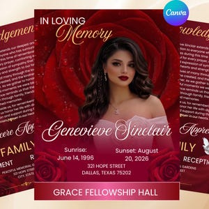 Może przedstawiać: Program pamiątkowy z portretem kobiety o ciemnych, falowanych włosach na tle czerwonych róż. Tekst zawiera In Loving Memory, Genevieve Sinclair, Sunrise June 14 1996, Sunset August 20 2026 oraz Grace Fellowship Hall.