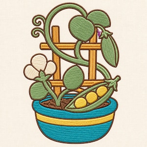 May include: An embroidery design featuring a blue pot with a yellow band containing brown soil, a wooden trellis, green pea vines with leaves, a closed pea pod, a single open pea pod with three yellow peas, and a white flower with green sepals.
