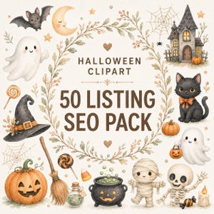 May include: A digital collection of Halloween clipart featuring a bat, crescent moon, ghost, haunted house, black cat, witch hat, broom, pumpkin, mummy, and skeleton arranged around the text HALLOWEEN CLIPART 50 LISTING SEO PACK.