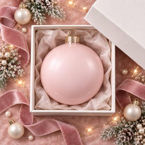 Könnte beinhalten: Eine glatte, glänzende, blassrosa kugelförmige Weihnachtskugel mit einer goldfarbenen Metallkappe, eingebettet in eine weiße quadratische Geschenkbox mit weißem Seidenpapier, umgeben von rosa Samtband, cremefarbenen Kugeln und Tannenzweigen.