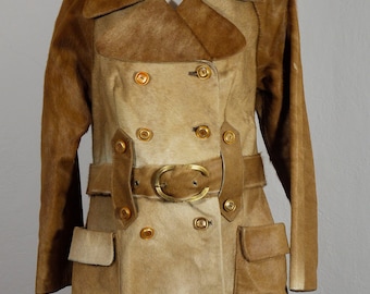 1960's LedaSpain Pony Skin Double-Breasted Coat, Mod Style Belted Jacket