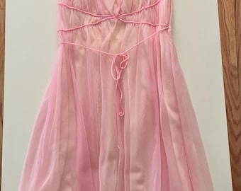 1960s Vintage Pink Sheer Flirty Babydoll Nightgown Lingerie Sleepwear