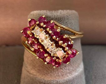 1960s Trubite Rubies & Diamonds 14K Gold Cocktail Ring Mid Century Modern