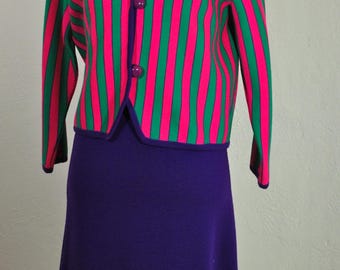 60s Mod Italian Wool Knit Dress and Jacket Set: Pink, Purple, Green Stripes