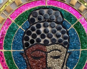 1960s Buddha & Shiva Gravel Mosaic Art: Mid-Century Modern Wall Hanging