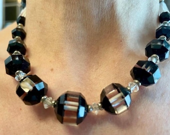 1960s Vintage Crystal and Onyx Necklace Mid Century Modern Mad Men