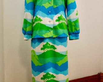 Leslie Fay Knits 1960s 1970s 2-Piece Maxi Dress Nature Novelty Print