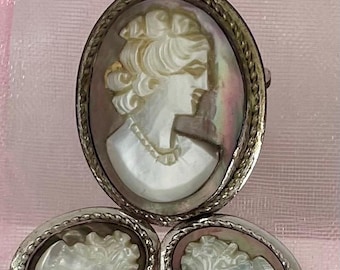 1950s 1960s Van Dell Cameo Brooch Pendant and Earrings Set