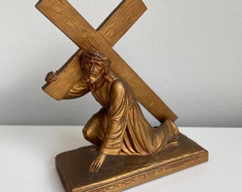 Antique Jesus Carrying Cross Religious Statue