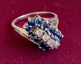 1960s Trubrite Sapphire & Diamonds 14K White Gold Cocktail Ring Mid Century Modern MCM