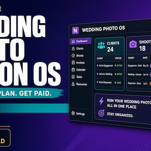 May include: A digital dashboard interface titled Wedding Photo OS displayed on a dark purple background. The screen shows sections for clients, shoots, and invoices with numerical data, alongside text reading Packforge, Organize. Plan. Get Paid. $39.