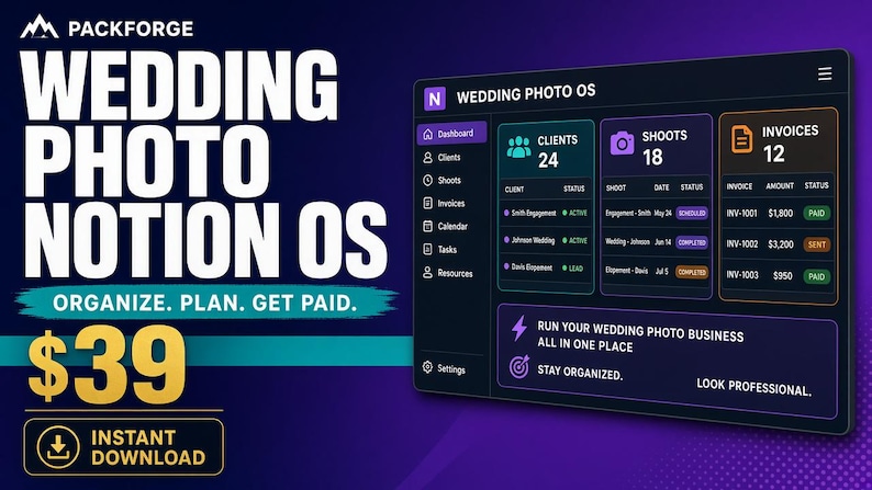 May include: A digital dashboard interface titled Wedding Photo OS displayed on a dark purple background. The screen shows sections for clients, shoots, and invoices with numerical data, alongside text reading Packforge, Organize. Plan. Get Paid. $39.