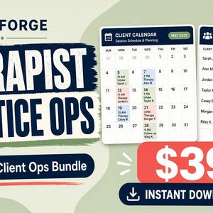 May include: A digital template titled Therapist Practice Ops Notion Client Ops Bundle featuring a client calendar for May 2025 and a client roster table. The interface displays scheduled sessions, client names, status labels, and session dates.