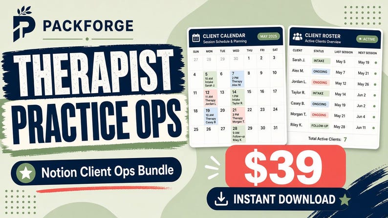 May include: A digital template titled Therapist Practice Ops Notion Client Ops Bundle featuring a client calendar for May 2025 and a client roster table. The interface displays scheduled sessions, client names, status labels, and session dates.