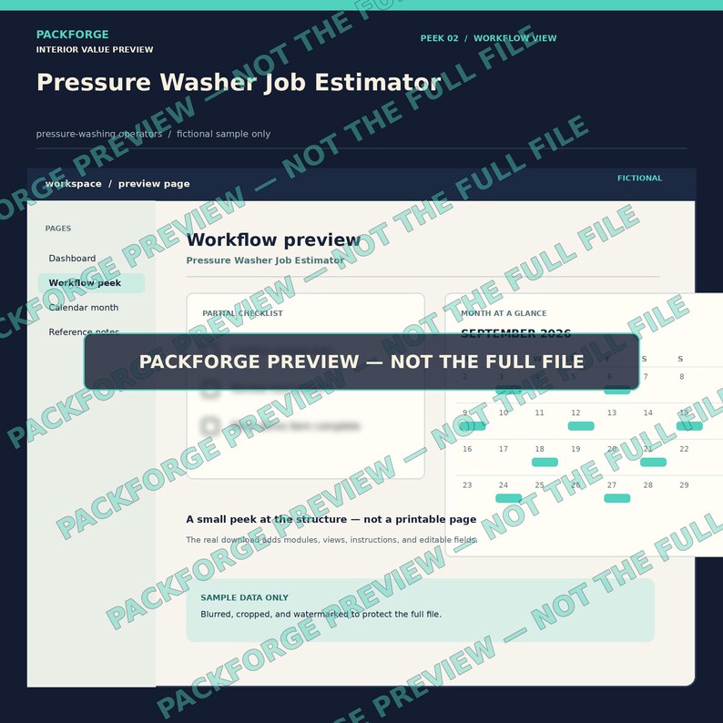 May include: A digital interface titled Pressure Washer Job Estimator featuring a workflow preview, a partial checklist, and a September 2026 calendar view. The layout includes navigation menus for dashboard, workflow, and calendar pages with text overlays.