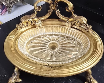 Vintage Gold Tone Koi Dragon Vanity Soap Dish Glass Insert Hollywood Regency
