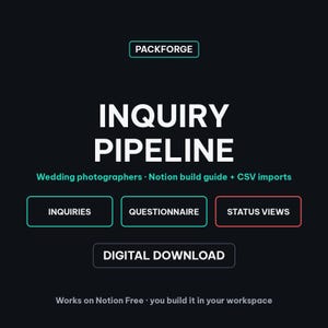 May include: A digital download guide for wedding photographers titled PACKFORGE INQUIRY PIPELINE. The graphic features white text on a black background with buttons labeled INQUIRIES, QUESTIONNAIRE, and STATUS VIEWS, plus Notion build instructions.