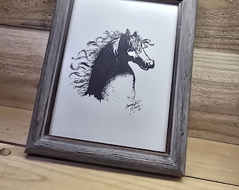 Signed AnneKate Mackie Horse Ink Drawing 1997 Framed Rustic Barn Wood