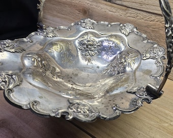 Vintage Silverplate Bride Basket Floral Rose Ruffled Rim Swing Handle ~7"