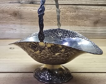 Vintage Silver on Copper Bride's Basket | Floral Rose Repoussé Candy Dish (7" Oval)
