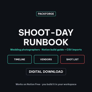 Wedding Shoot-Day Runbook | Notion Build Guide + CSV Imports | Timeline, Vendor Contacts, Shot Lists image 1